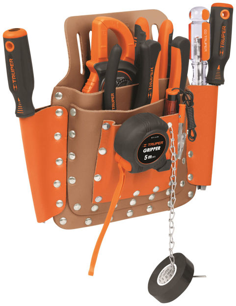 Imagen de Porta herramientas cuero 8 compartimi. Adosable cinto TRUPER POR-HE8
