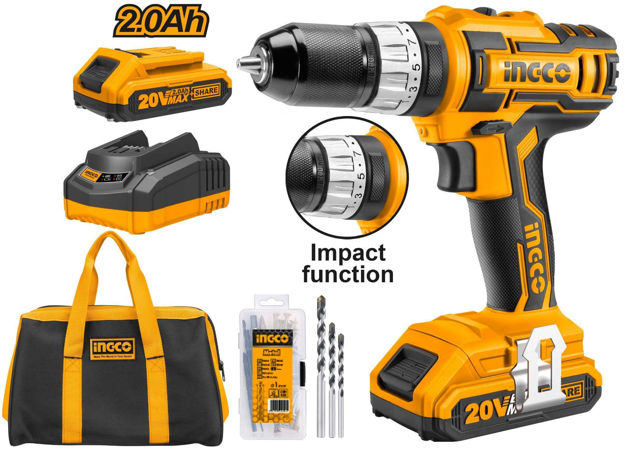 Imagen de TALADRO ATORNILLADOR INGCO C/PER. 20 V MÁS BOLSO