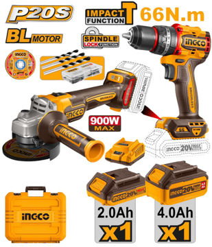 Imagen de COMBO ATORNILLADOR + AMOLADORA 4.5" 20V INGCO