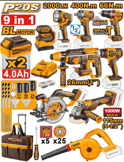 Imagen de KIT HERRAMIENTAS BATERIA 20V 4.0AH 9 PIEZAS INGCO