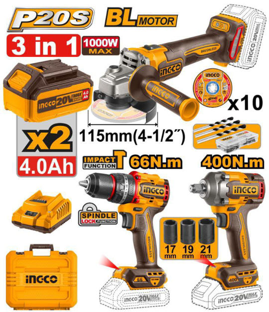 Imagen de KIT A BATERIA 20V 3 PIEZAS AMOLADORA / TALADRO / LLAVE DE IMPACTO INGCO