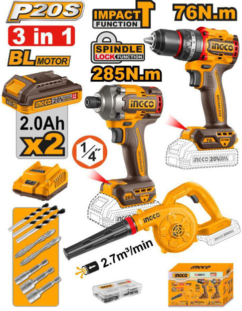 Imagen de KIT HERRAMIENTAS A BATERÍA 20V 3 PIEZAS INGCO