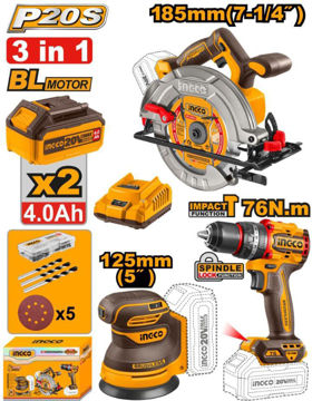 Imagen de COMBO A BATERIA 3 PIEZAS SIERRA CIRCULAR / LIJADORA / TALADRO PERCUTOR INGCO
