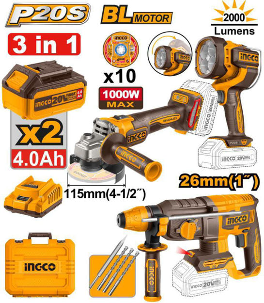 Imagen de COMBO A BATERIA 3 PIEZAS ROTOMARTILLO / AMOLADORA / LINTERNA INGCO