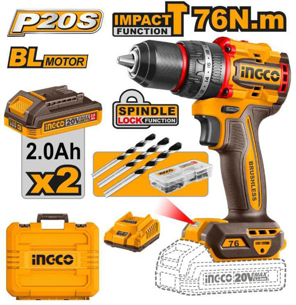 Imagen de TALADRO ATORNILLADOR PERCUTOR BATERIA 20V 13MM 76NM INGCO