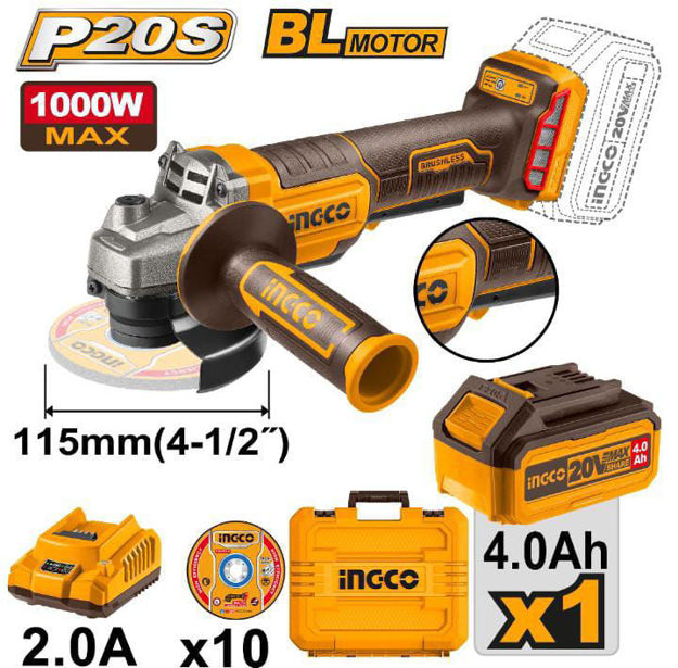 Imagen de AMOLADORA 4.5" BATERIA 20V INTERRUPTOR DE SEGURIDAD INGCO