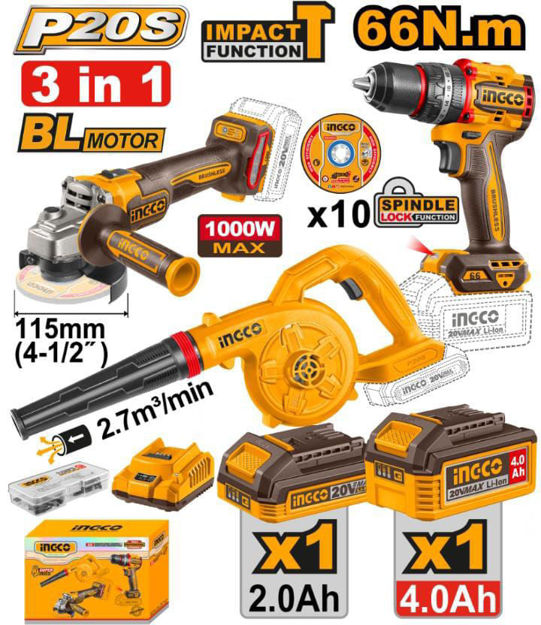 Imagen de COMBO A BATERÍA 20V 3 PIEZAS AMOLADORA / TALADRO /SOPLADORA INGCO