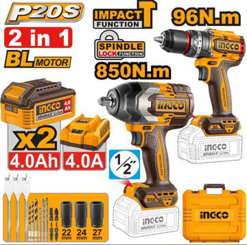 Imagen de KIT TALADRO + LLAVE IMPACTO 1/2" BATERÍA INGCO