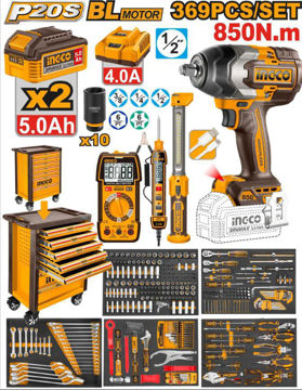 Imagen de SET DE 369 HERRAMIENTAS + LLAVE DE IMPACTO 850NM + GABINETE METALICO INGCO