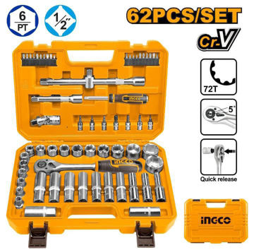 Imagen de JUEGO DADOS 62 PIEZAS ENCASTRE 1/2" 10-32MM INGCO