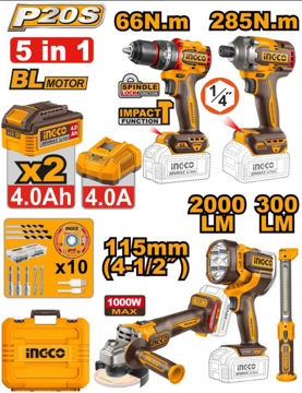 Imagen de KIT HERRAMIENTAS BATERIA 20V 5 PIEZAS 4AH INGCO