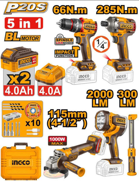 Imagen de KIT HERRAMIENTAS BATERÍA 20V 5 PIEZAS 4AH INGCO