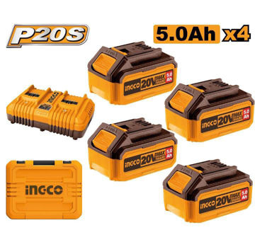 Imagen de CARGADOR DOBLE + 4 BATERIAS 20V 5.0AH INGCO