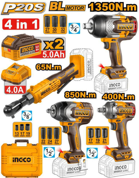 Imagen de KIT HERRAMIENTAS A BATERÍA 20V 4 PIEZAS INGCO