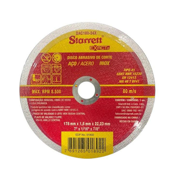 Imagen de DISCO CORTE PARA METAL/INOX PROFESIONAL 180 X 1.6 MM STARRETT