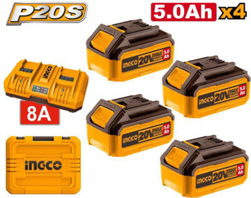 Imagen de CARGADOR DOBLE + 4 BATERÍAS 20V 5.0AH INGCO