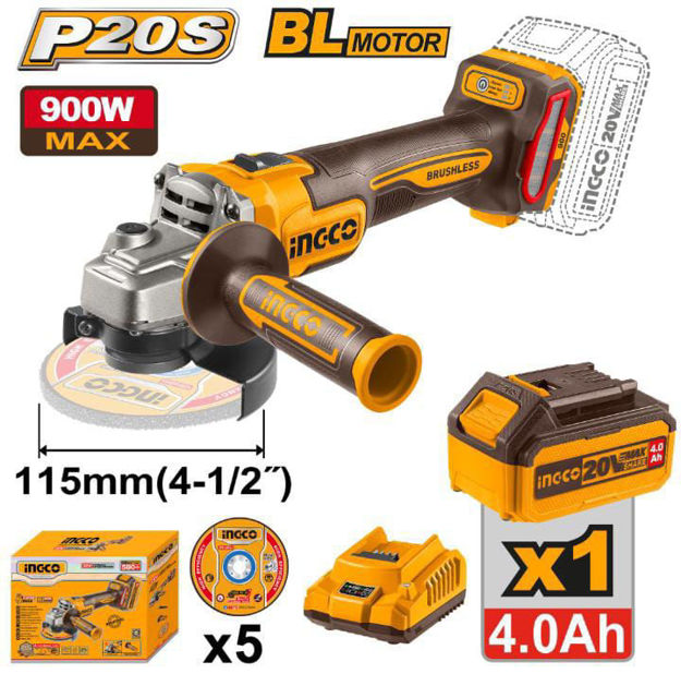 Imagen de AMOLADORA ANGULAR 4.5" BATERIA 20V INGCO