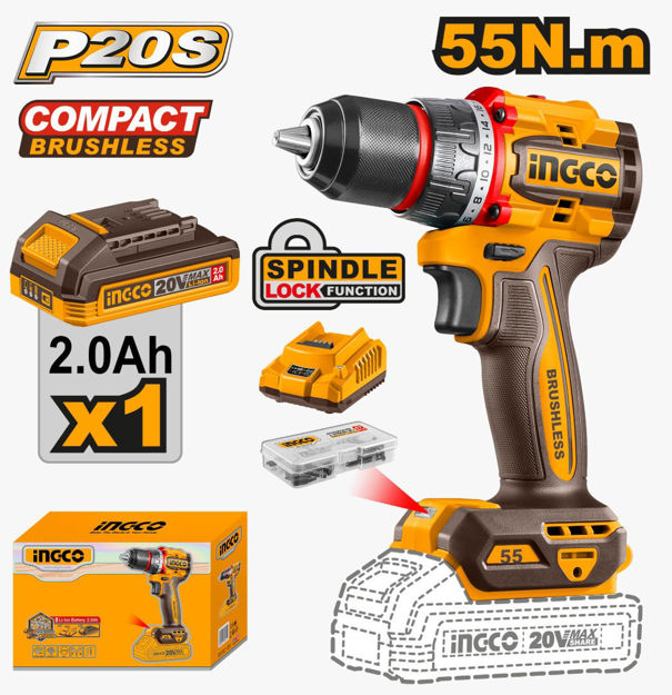 Imagen de TALADRO CON PERCUTOR BATERÍA 20V 55NM INGCO