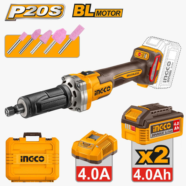 Imagen de AMOLADORA RECTA BATERÍA 20V + 5 PIEDRAS INGCO