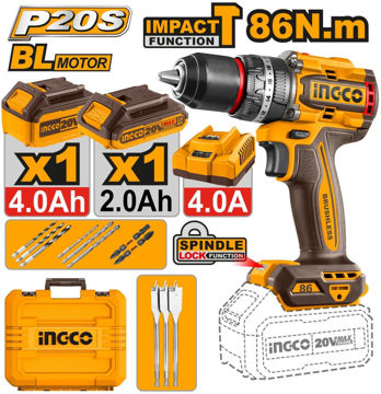 Imagen de TALADRO CON PERCUTOR BATERIA 20V 86NM 1/2" INGCO