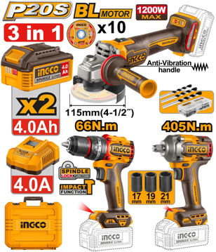 Imagen de COMBO A BATERIA 20V 3 PIEZAS AMOLADORA, TALADRO, LLAVE DE IMPACTO INGCO